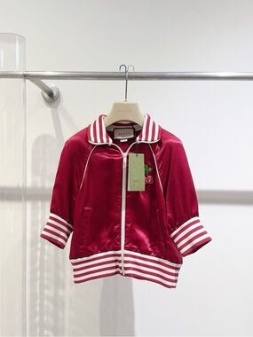 Gucci Pink Velvet Kids Zip Jacket with Stripe Trim